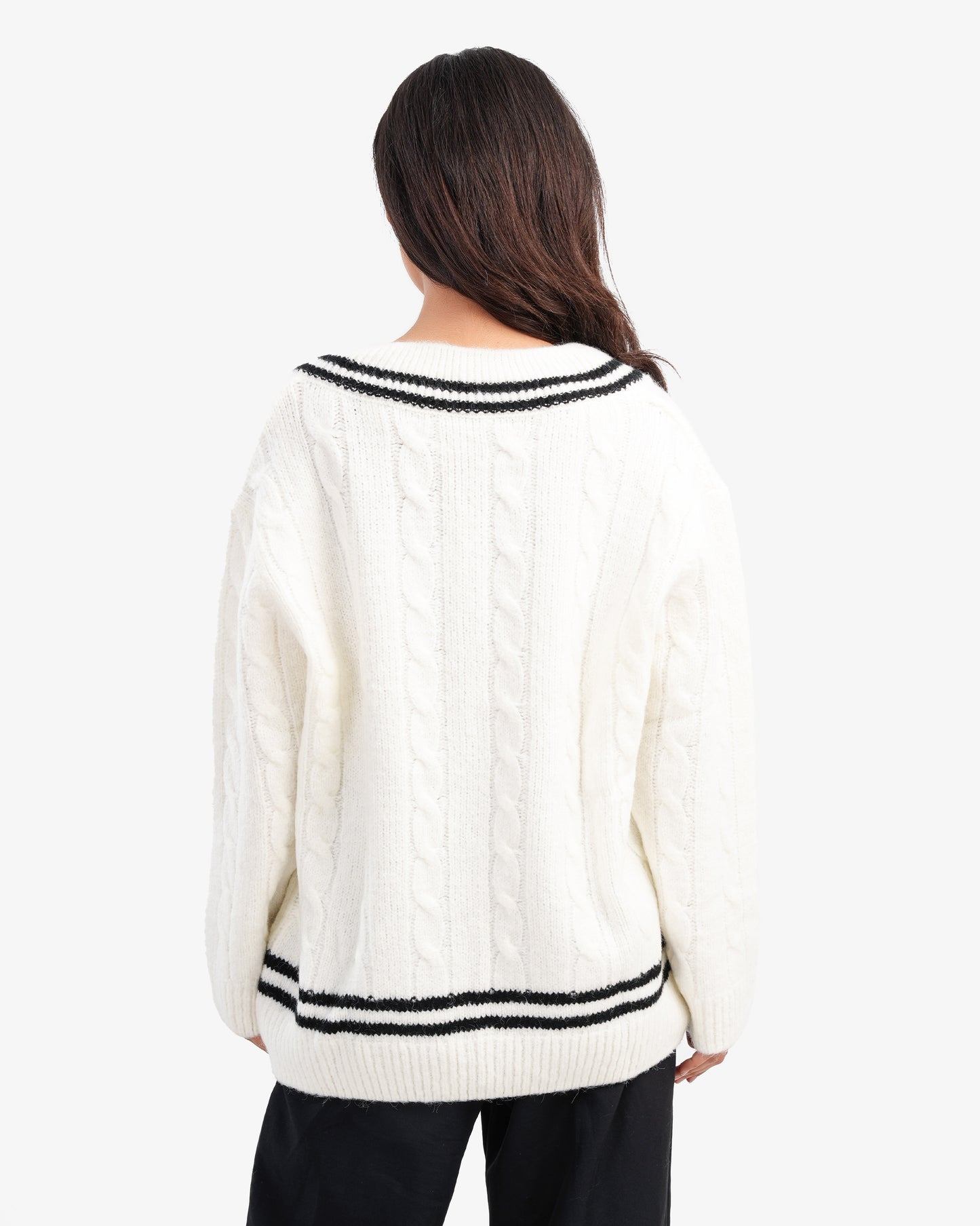 Women's Braided V Neck Pullover In White