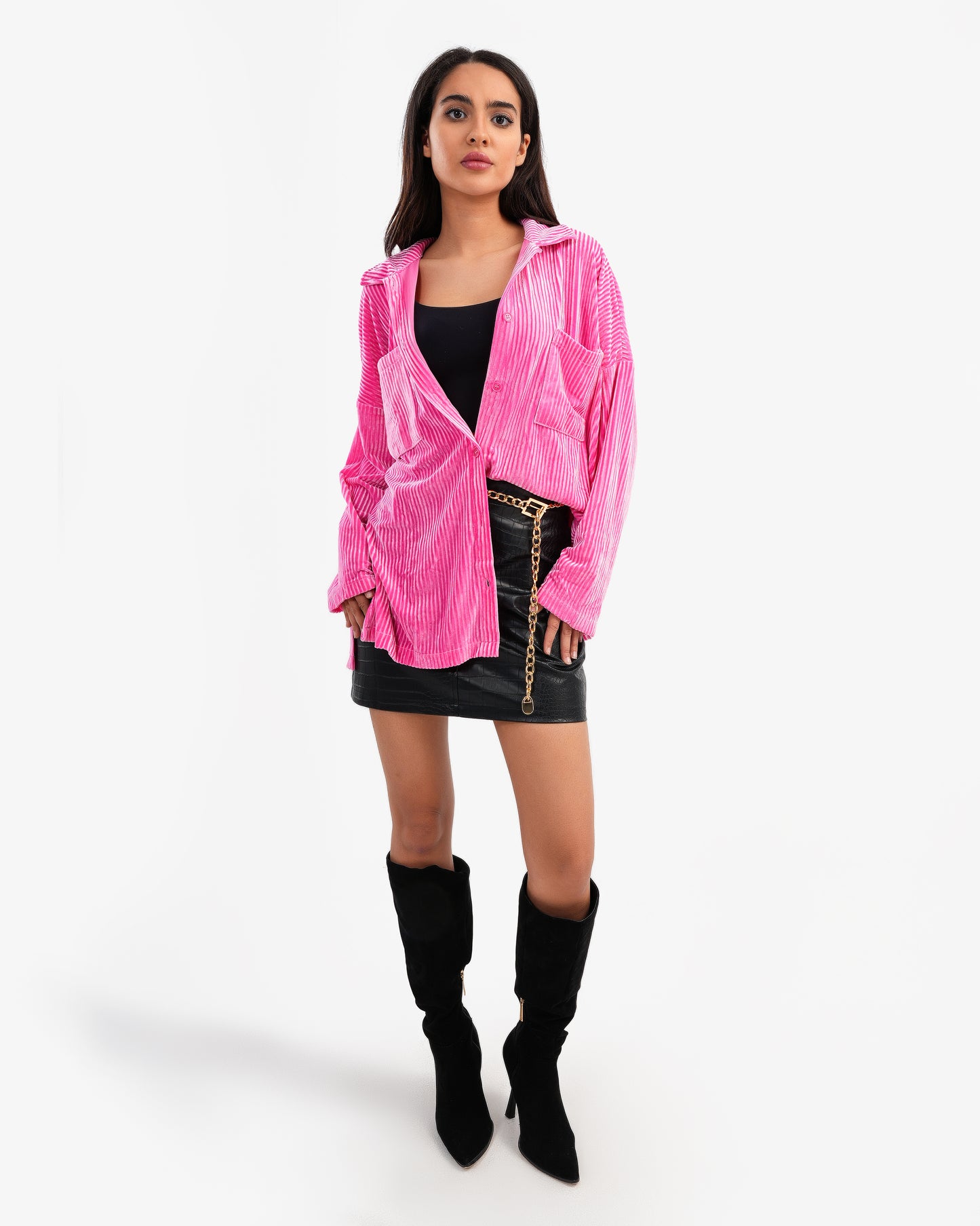 Women's Long Striped Velvet Shirt In Pink