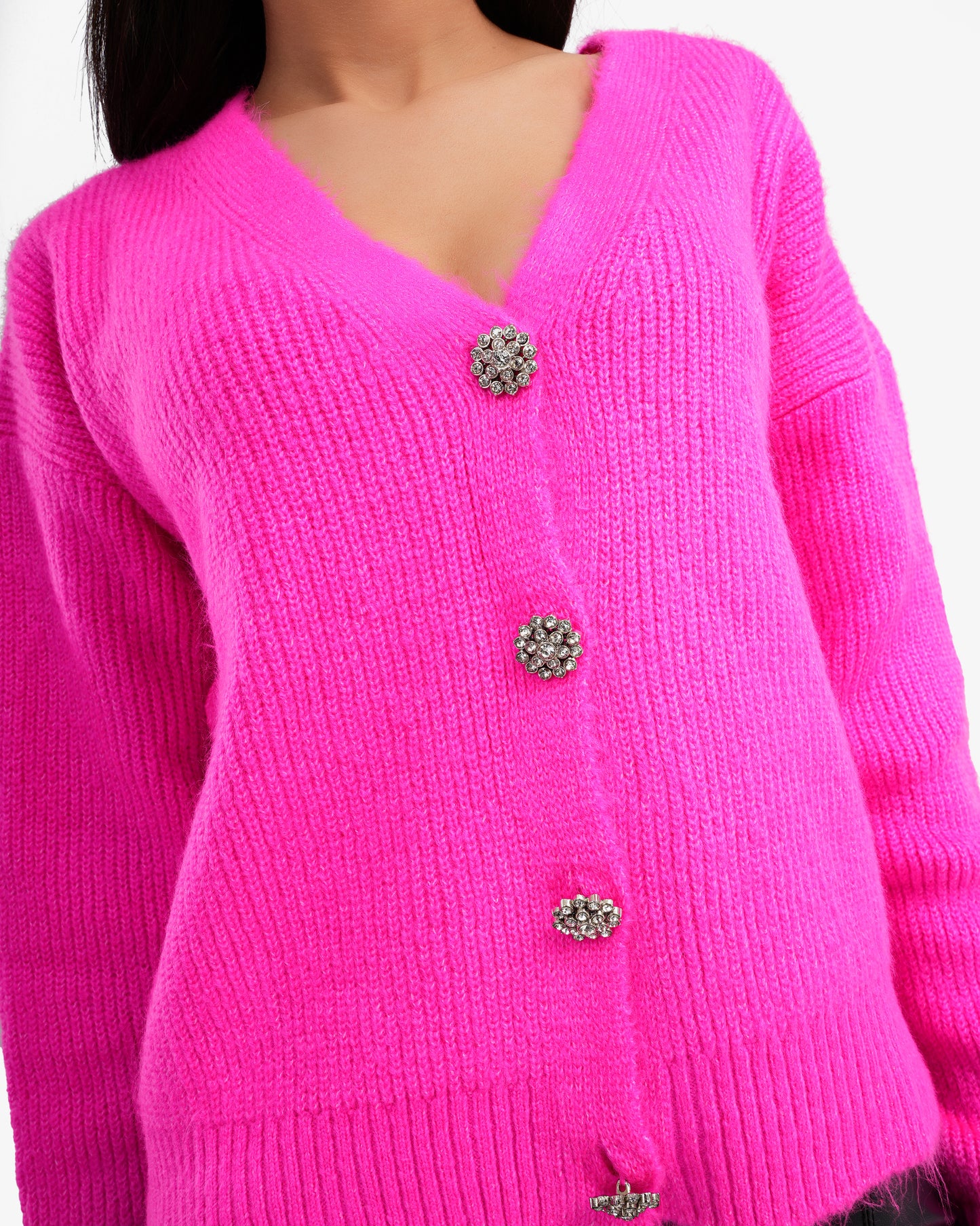 Women's Knitted V Neck Cardigan In Fushia