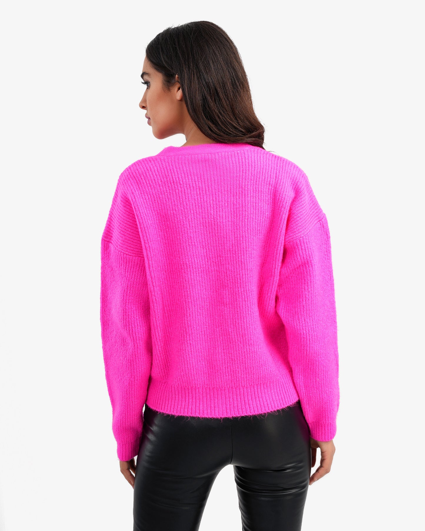 Women's Knitted V Neck Cardigan In Fushia