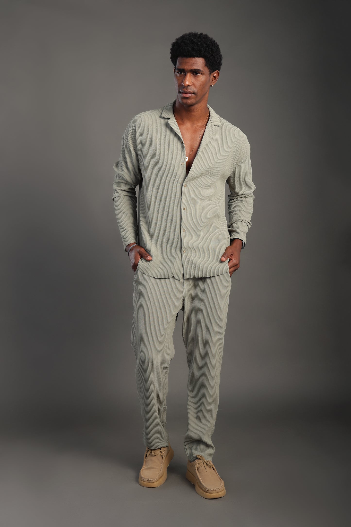 Men's Sage Green Casual Stripes Trousers
