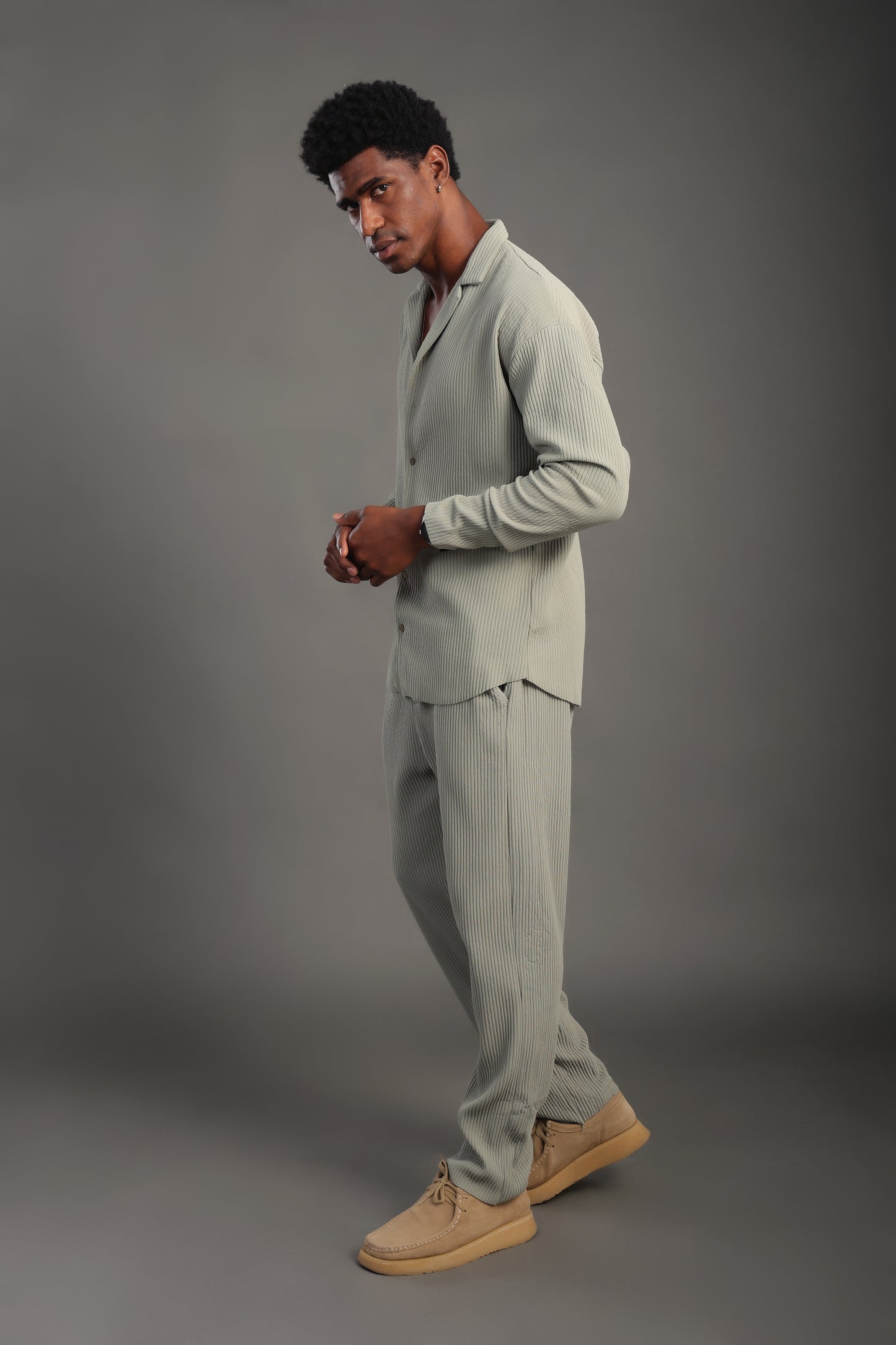 Men's Sage Green Stripes Casual Set