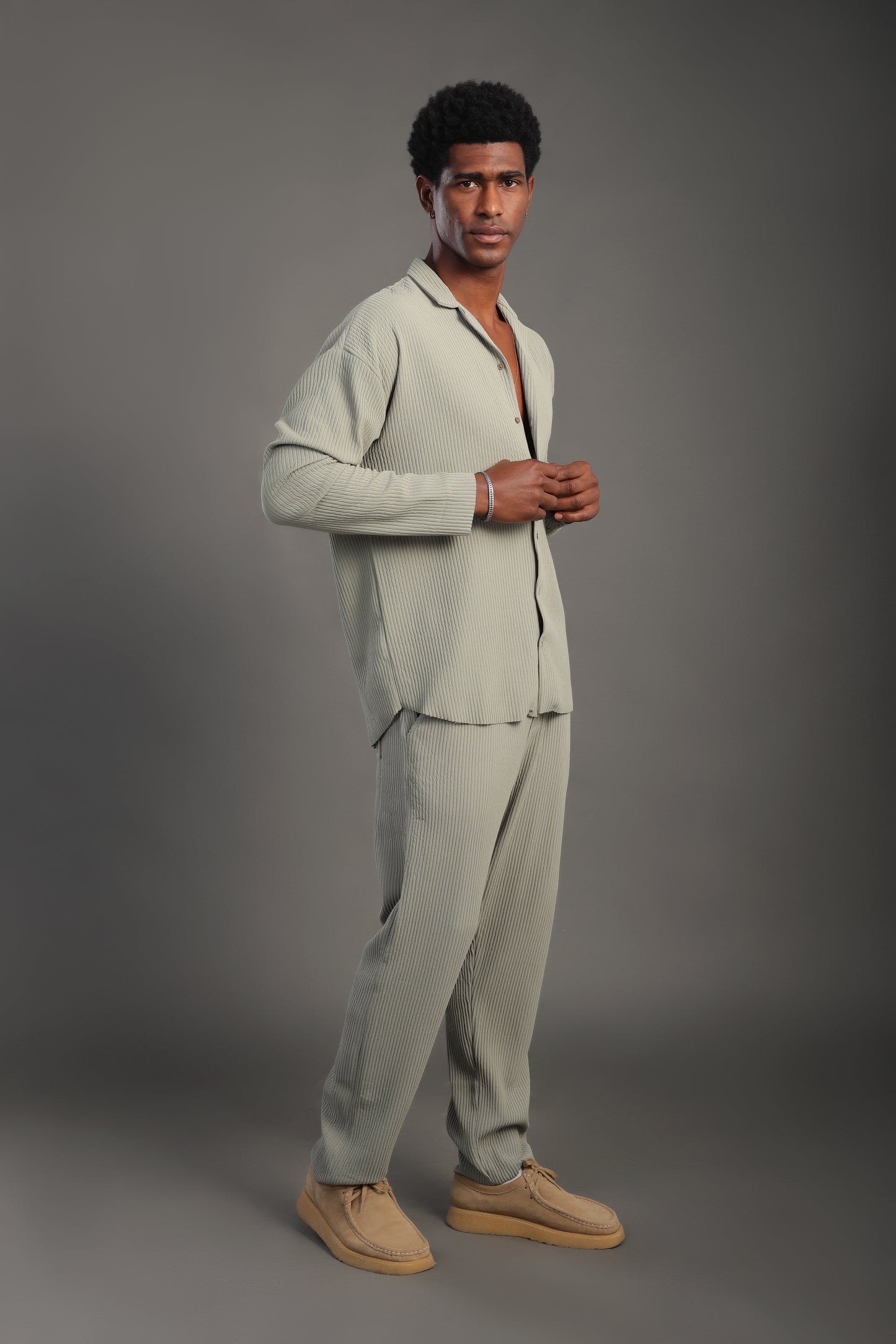 Men's Sage Green Stripes Casual Set