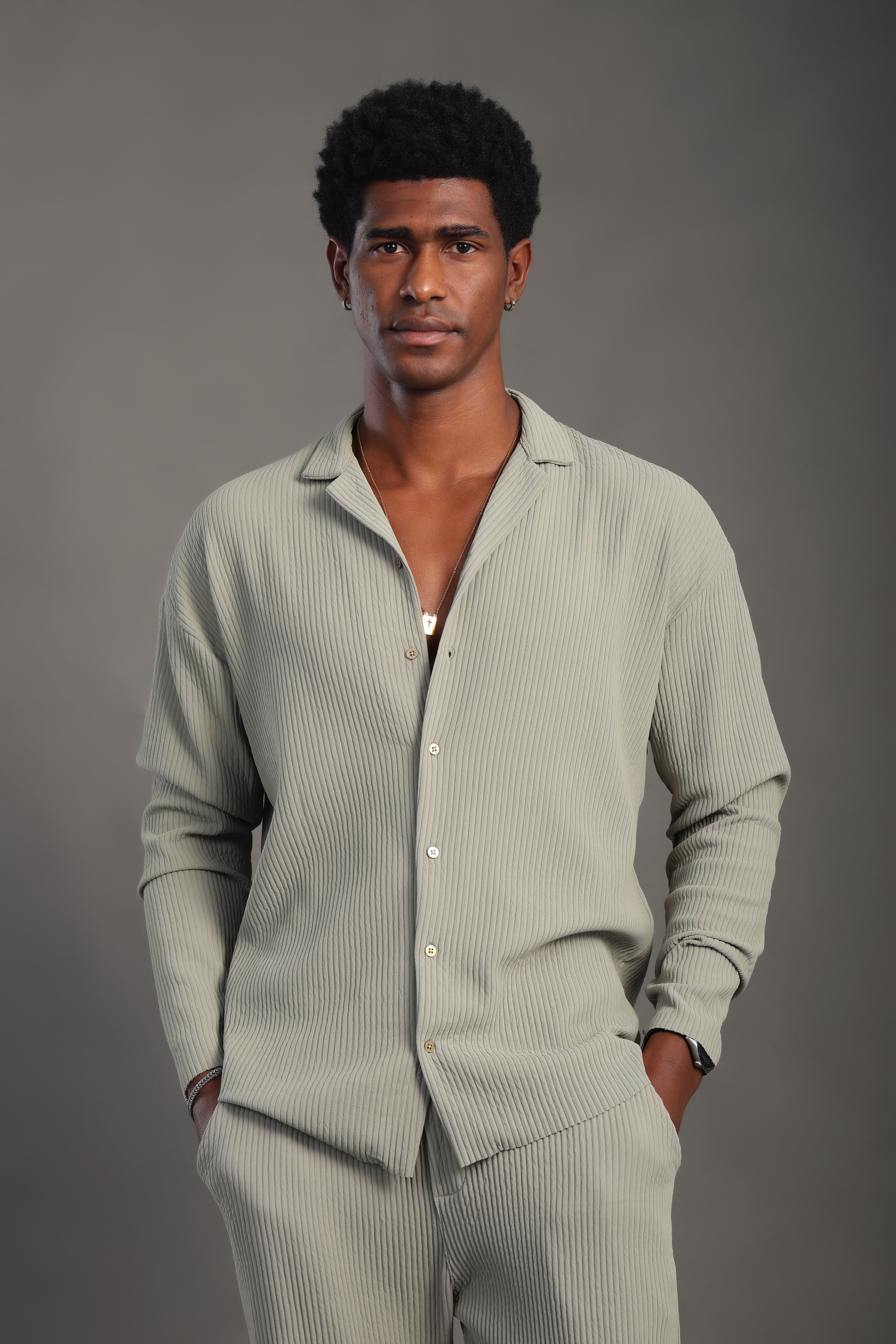 Men's Sage Green Long Sleeve Stripes Shirt NGUO Men's Sage Green Long Sleeve Stripes Shirt NGUO