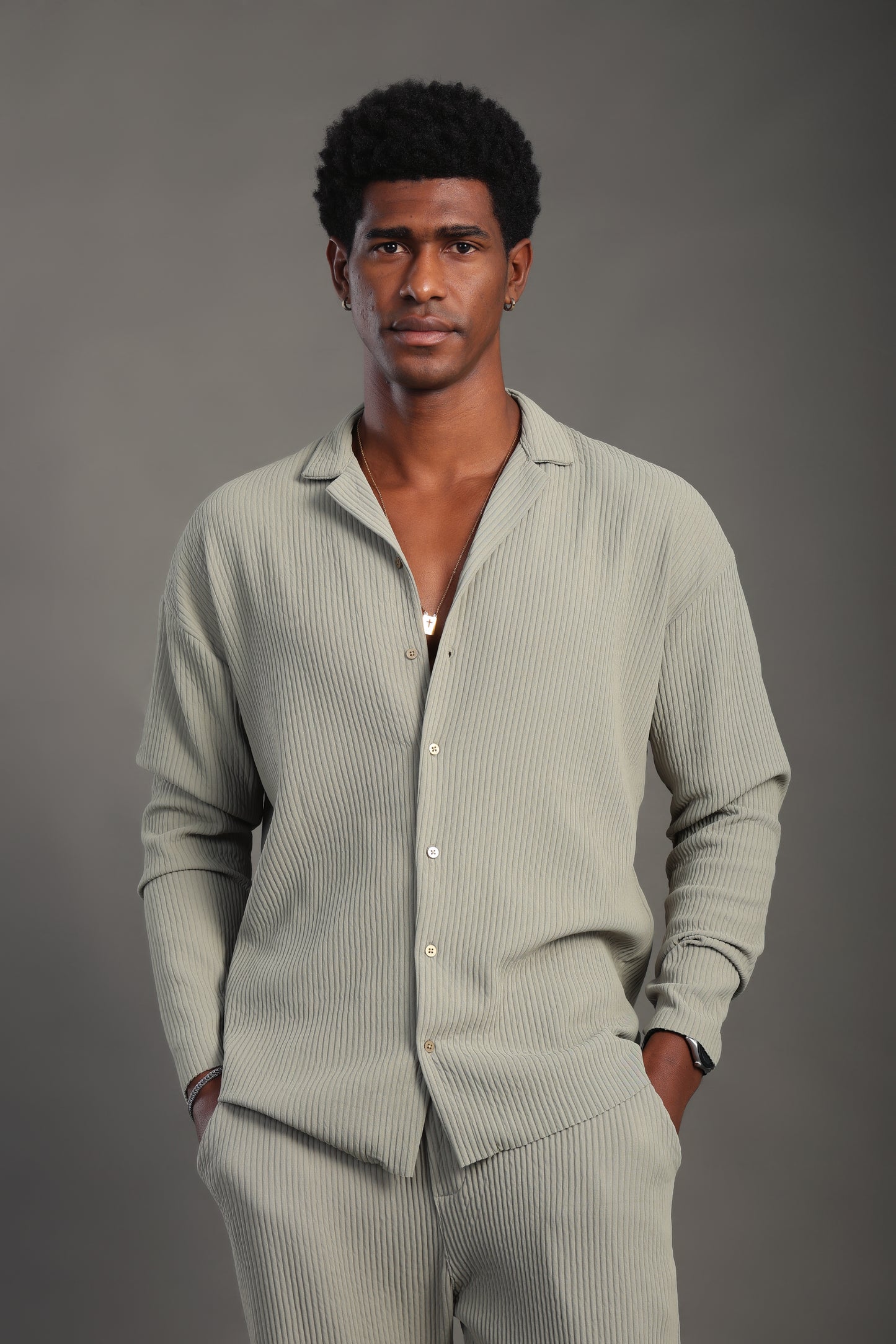 Men's Sage Green Long Sleeve Stripes Shirt