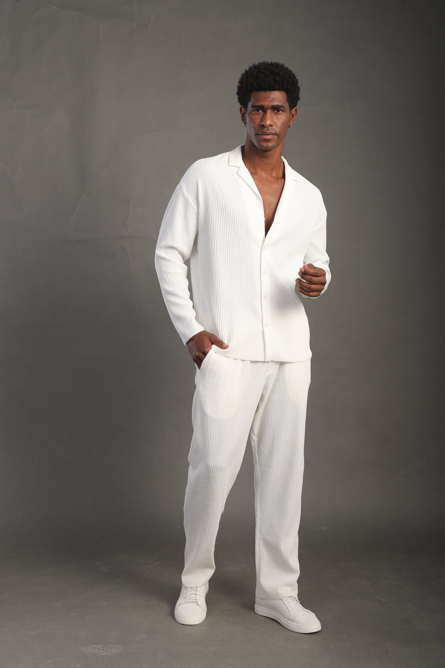 Men's White Long Sleeve Stripes Shirt