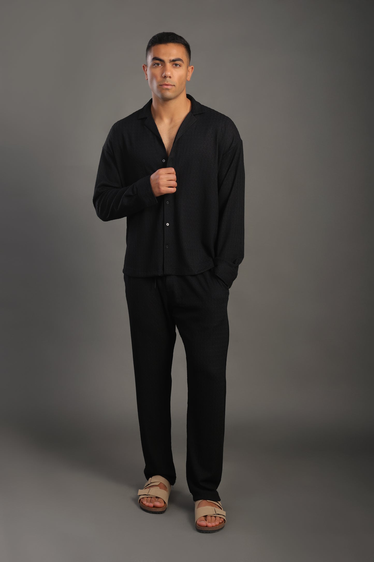 Men's Black Long Sleeve Dobby Texture Shirt