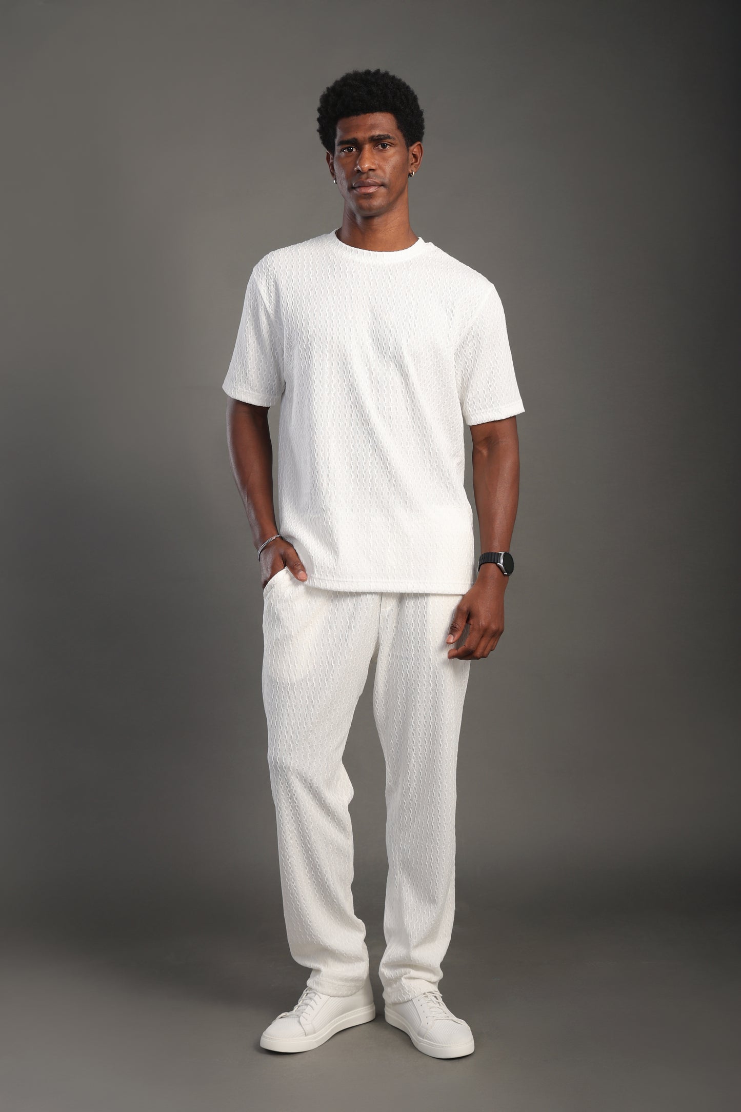 Men's White Casual Dobby Texture Trousers