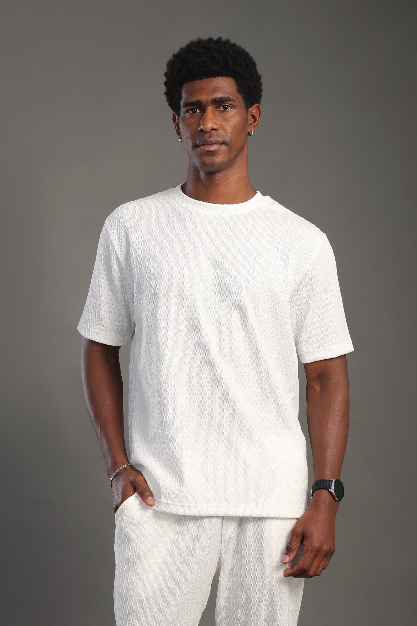 Men's White Dobby Texture Round T-shirt