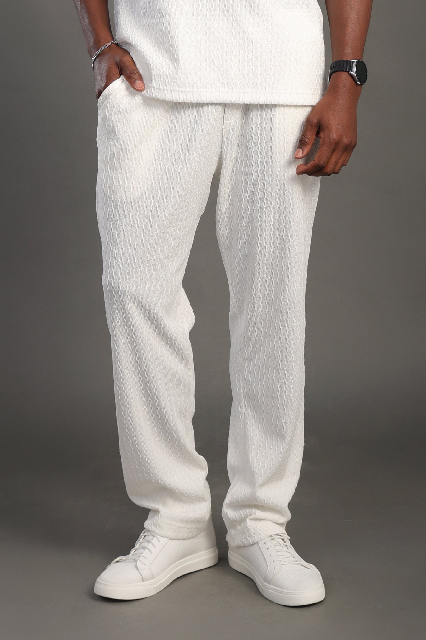 Men's White Casual Dobby Texture Trousers