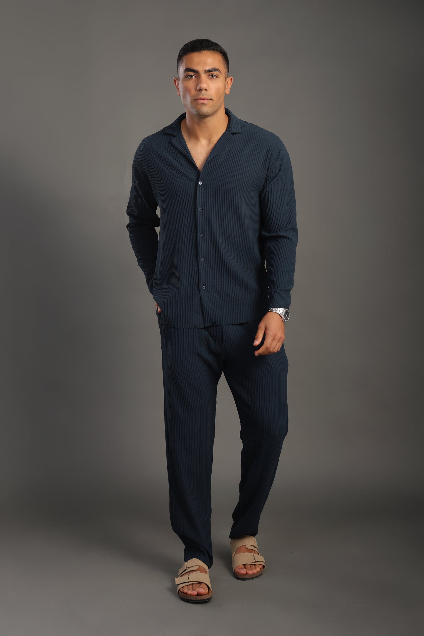 Men's Petrol Blue Stripes Casual Set
