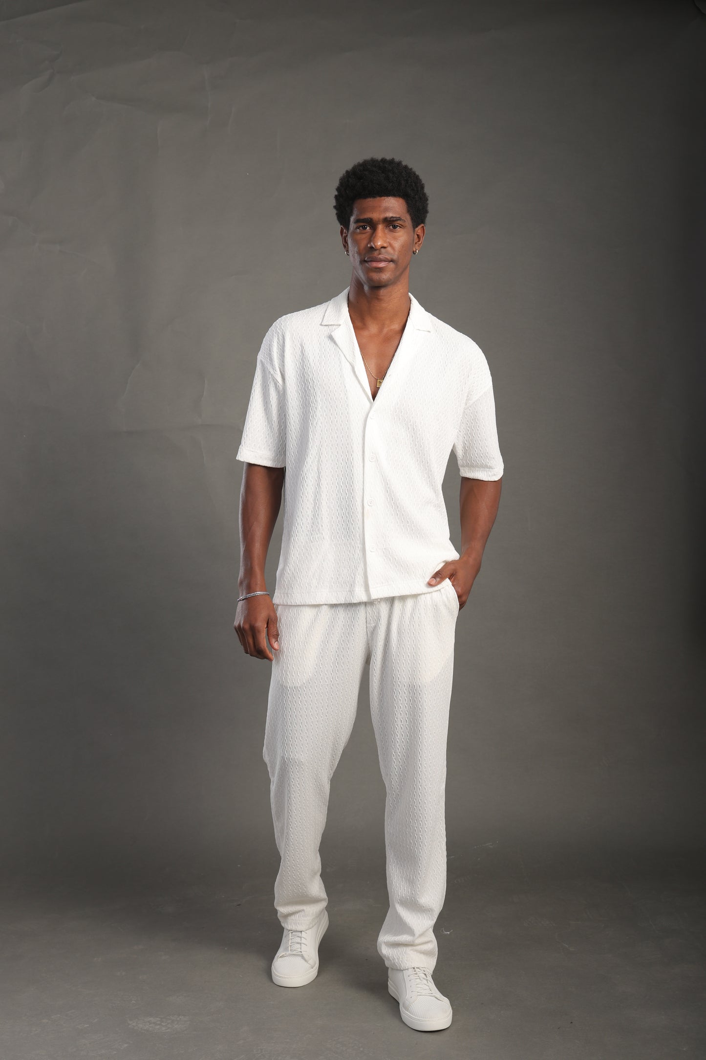 Men's White Dobby Texture Half Sleeve V Neck Collar Shirt