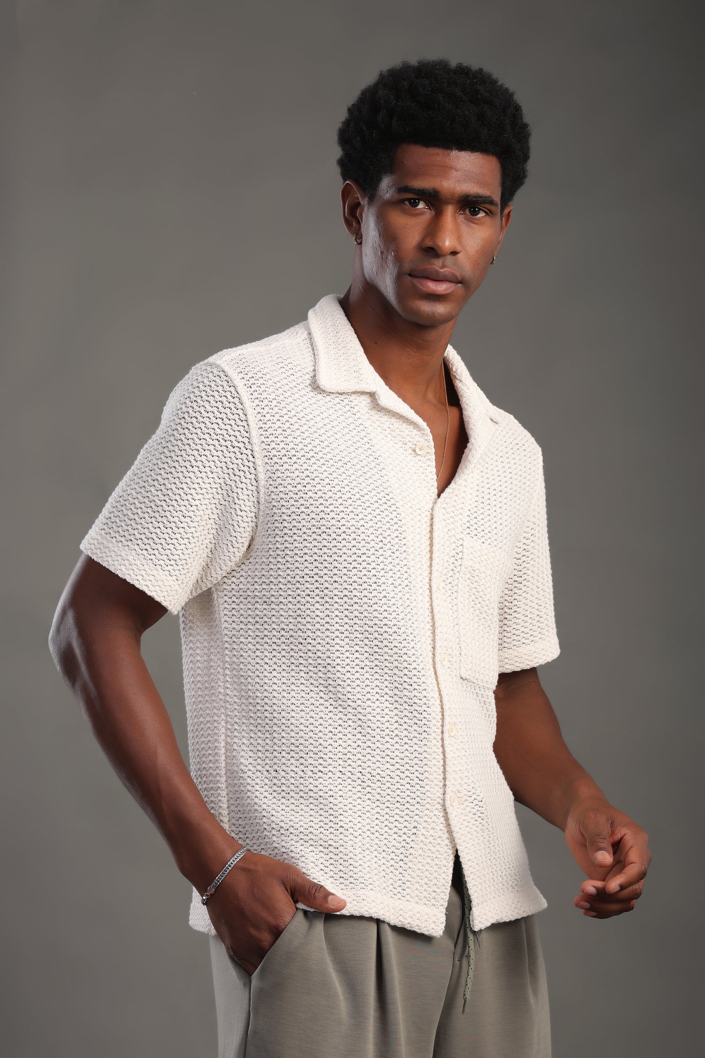 Men's Offwhite Half Sleeve V Neck Collar Shirt