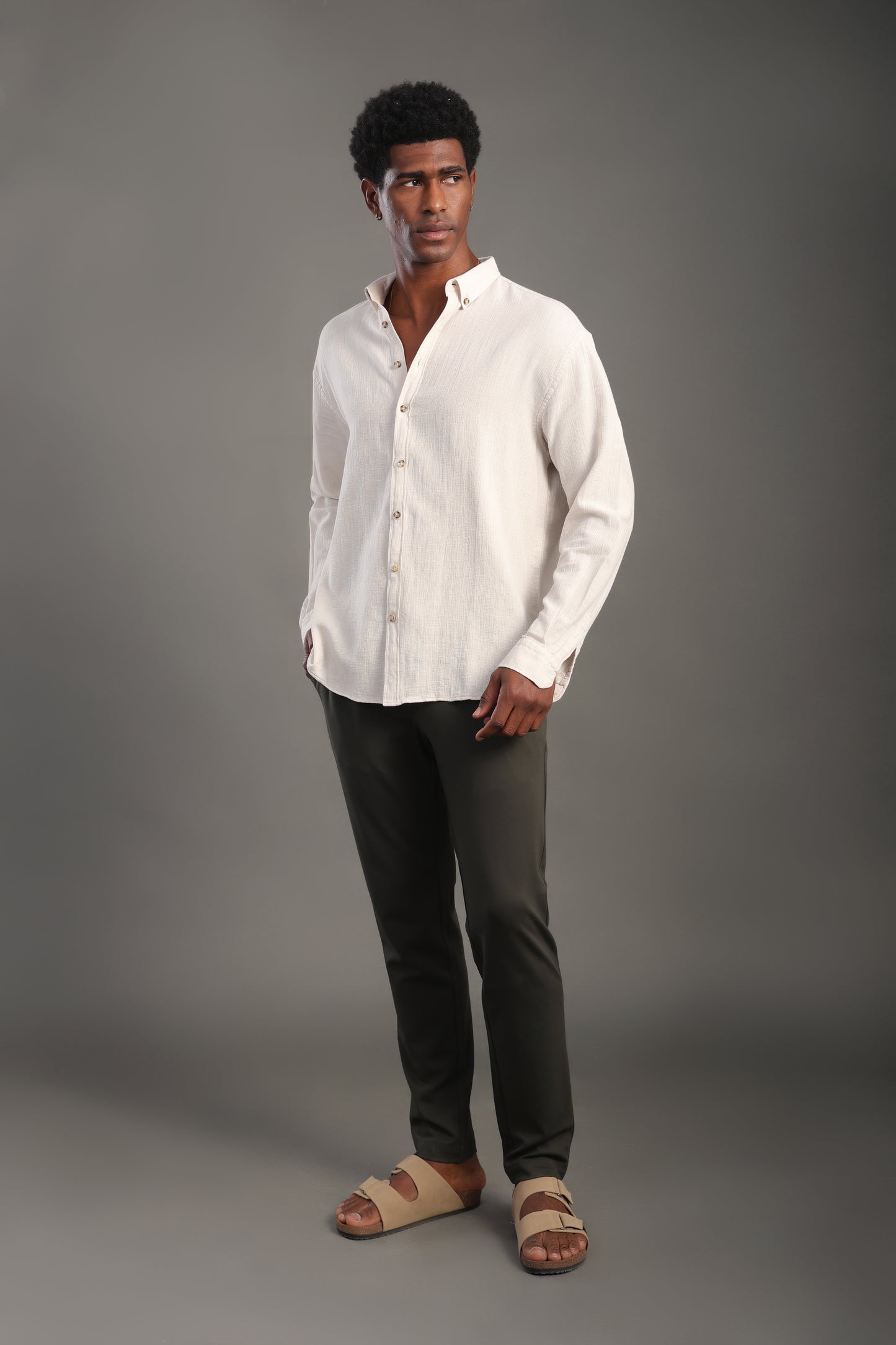 Men's Beige Oversize Loose Linen Shirt