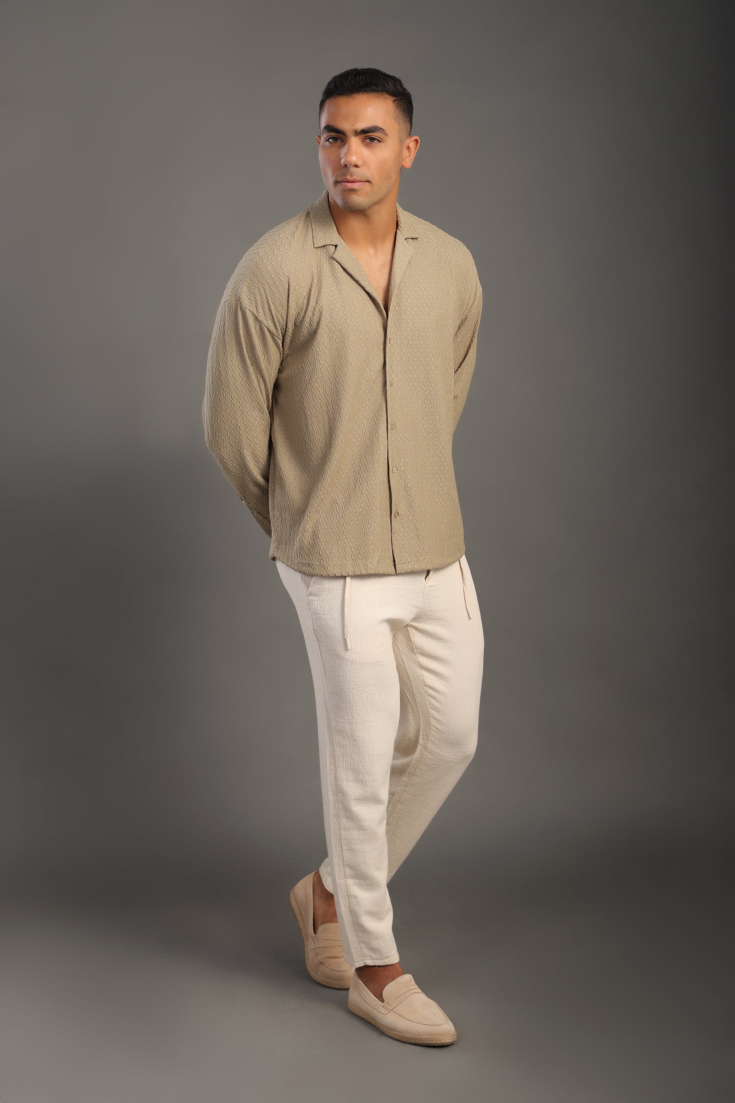Men's Malibu Beige Long Sleeve Dobby Texture Shirt
