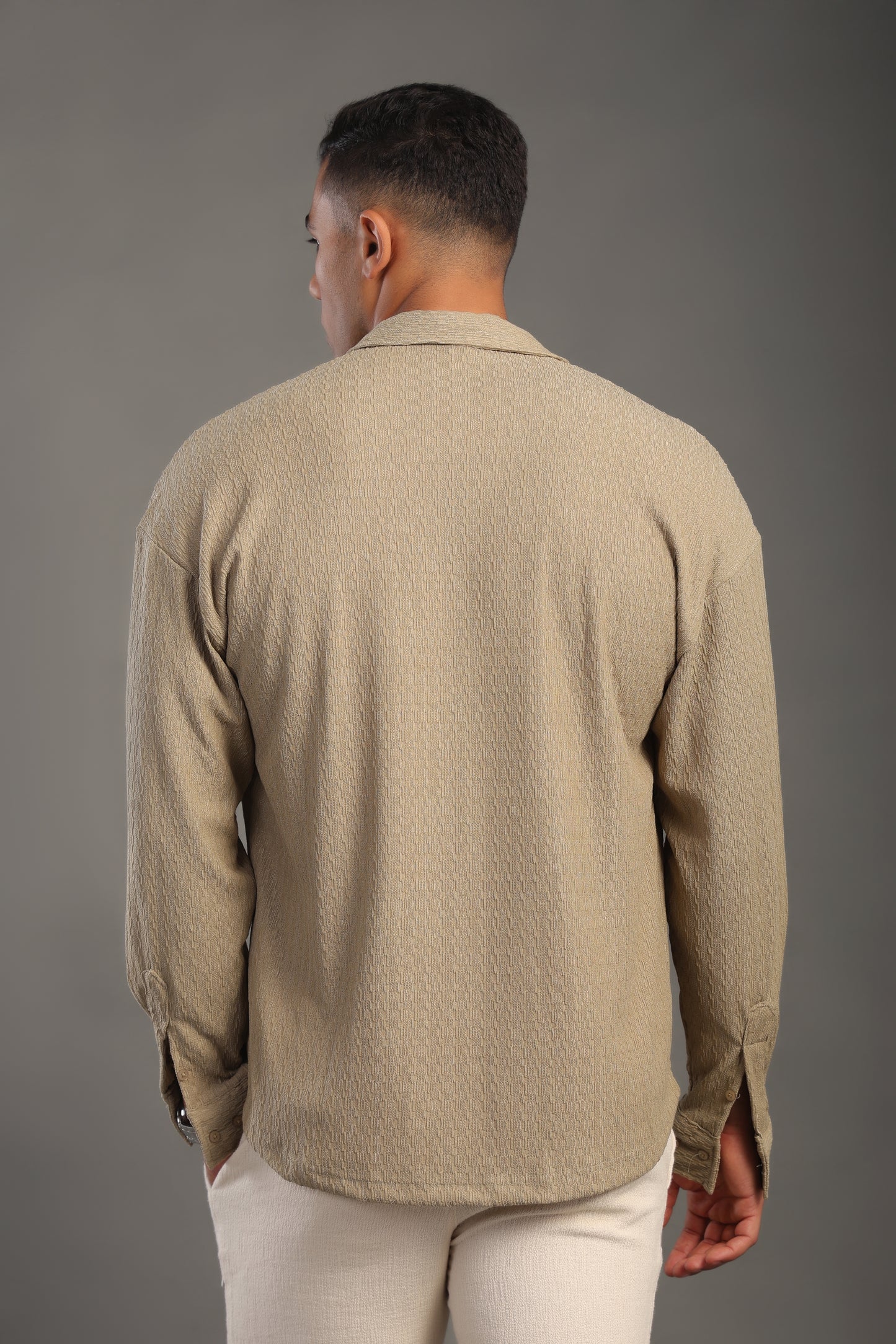 Men's Malibu Beige Long Sleeve Dobby Texture Shirt
