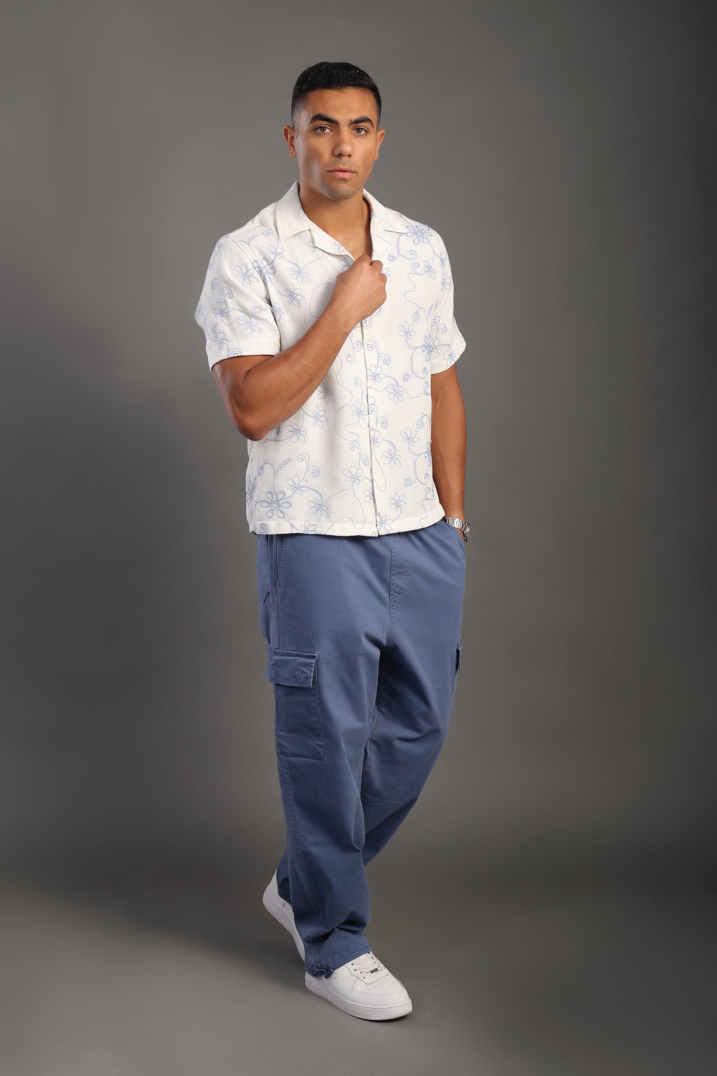 Men's Skyblue Half Sleeve Printed V Neck Collar Shirt
