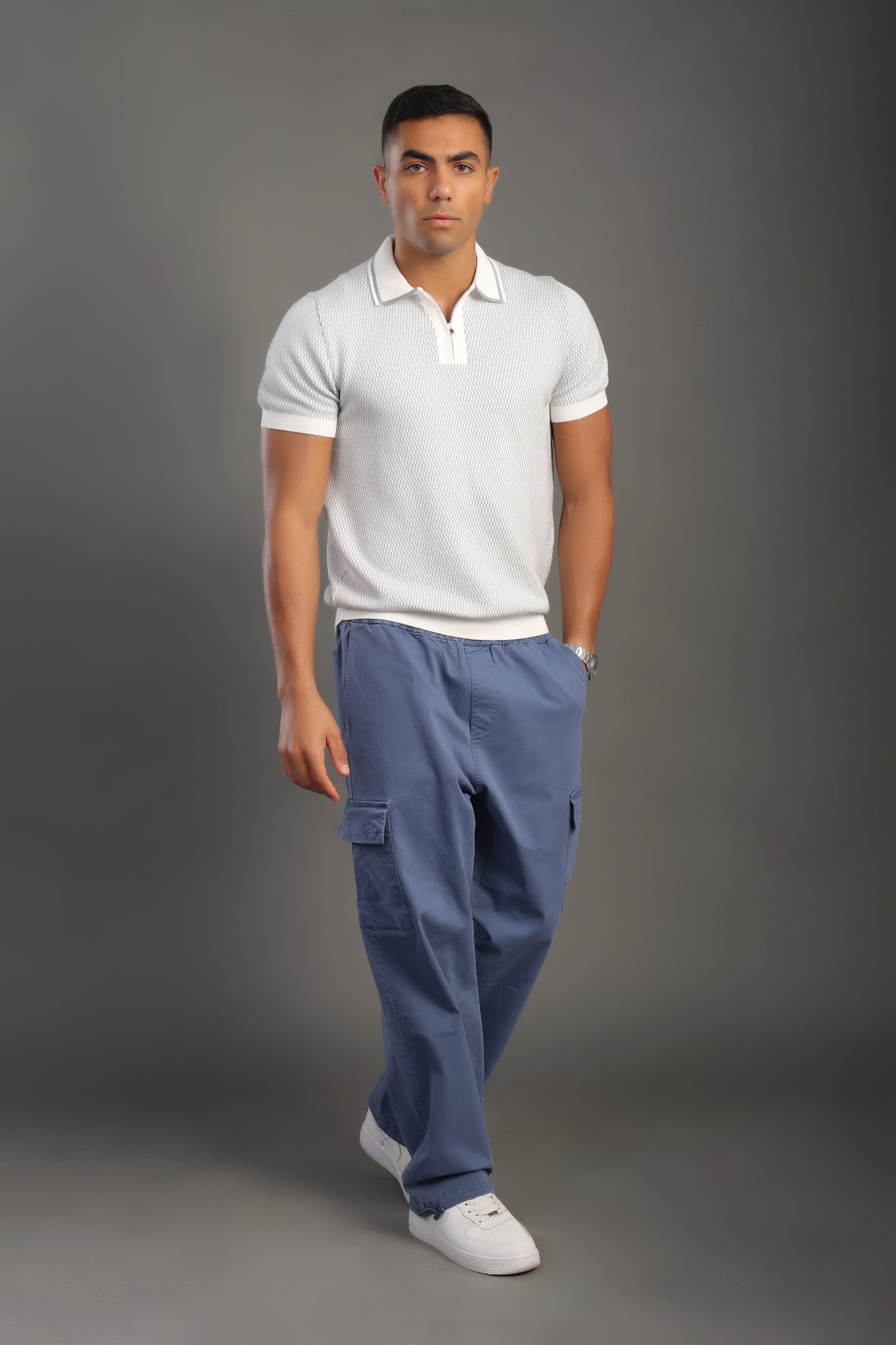 Men's Dotted Babyblue Zipper Collar T-shirt