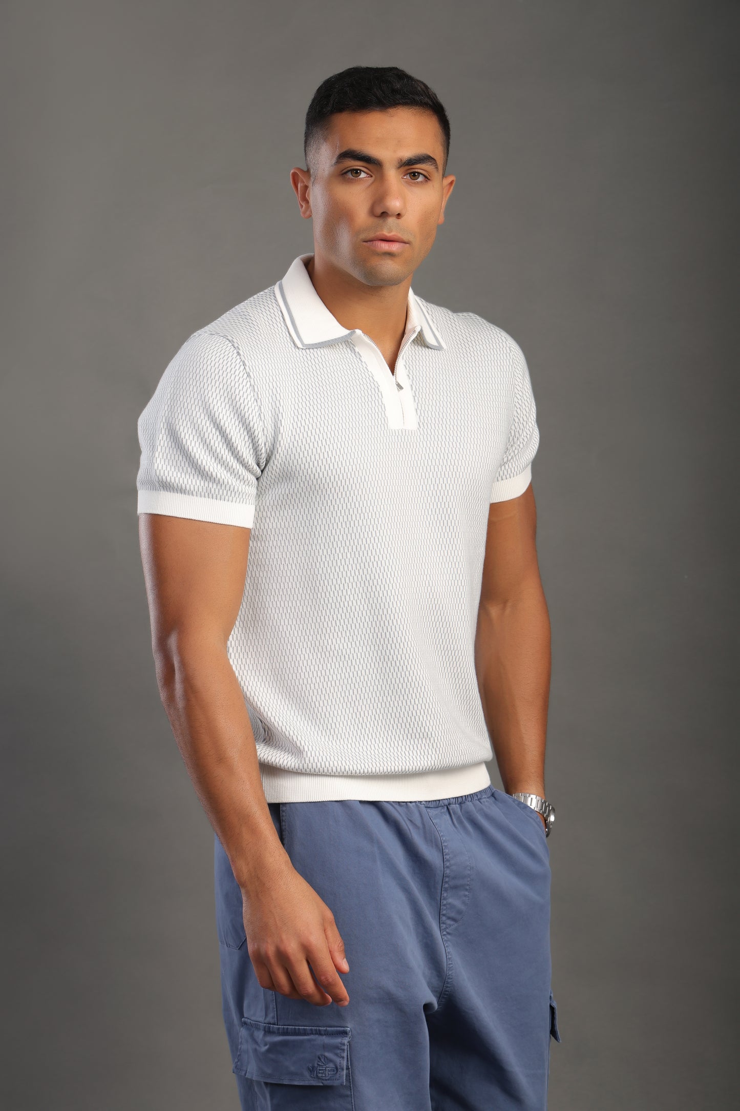 Men's Dotted Babyblue Zipper Collar T-shirt