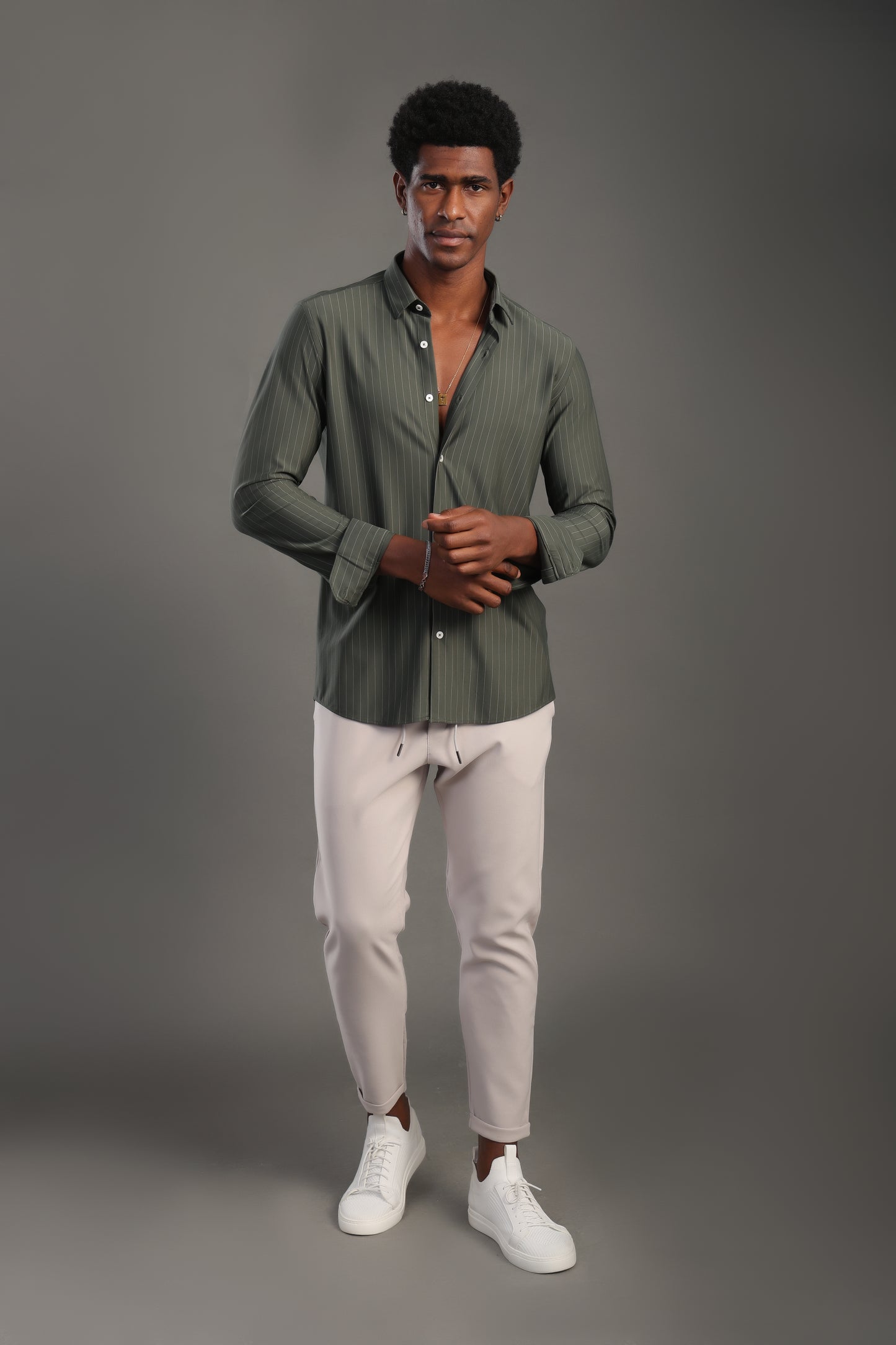 Men's Olive Green Striped V Neck Shirt