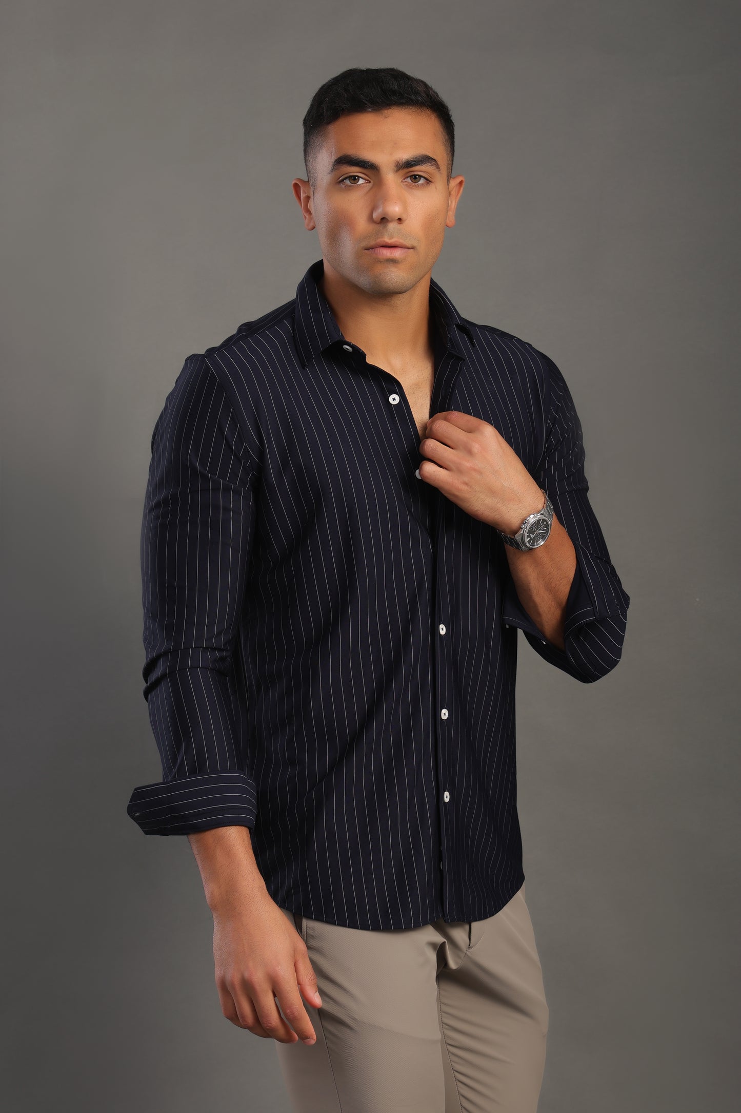 Men's Black Striped V Neck Shirt