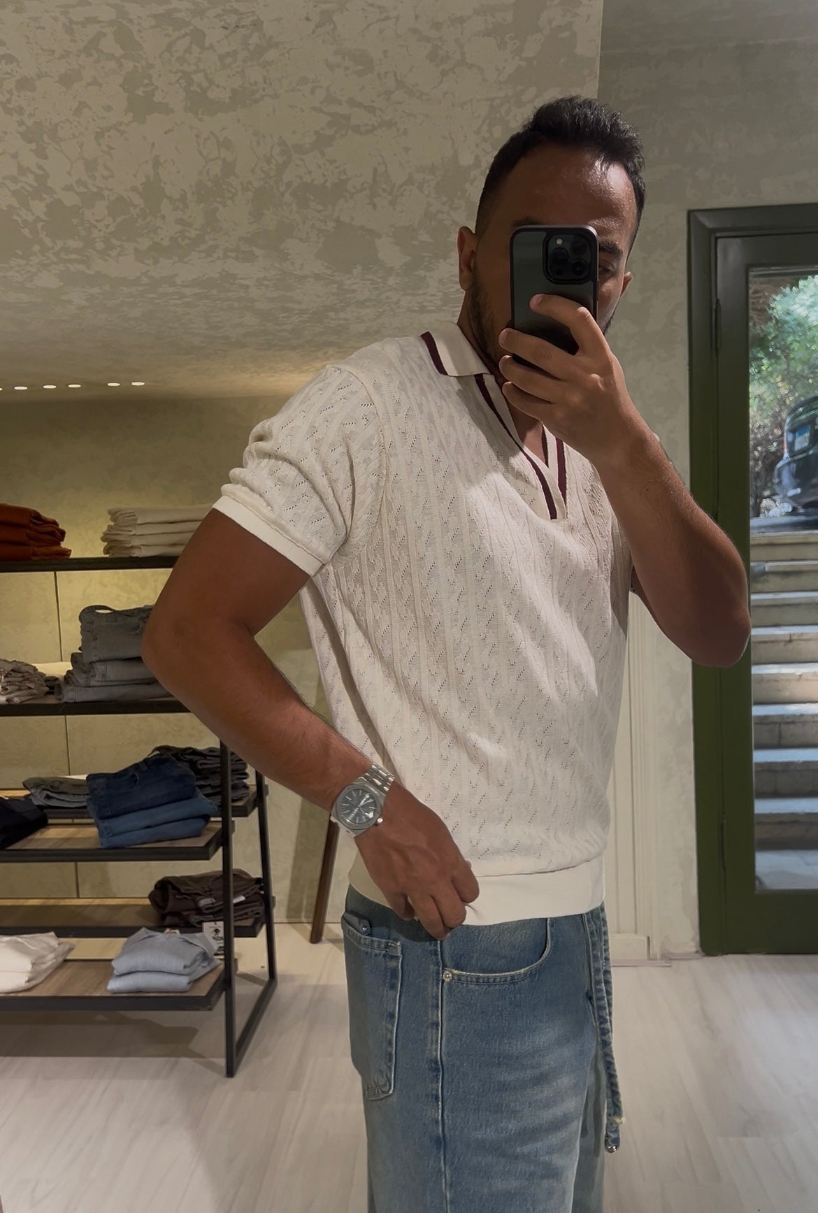Men's Offwhite In Brown V Neck Collar T-shirt