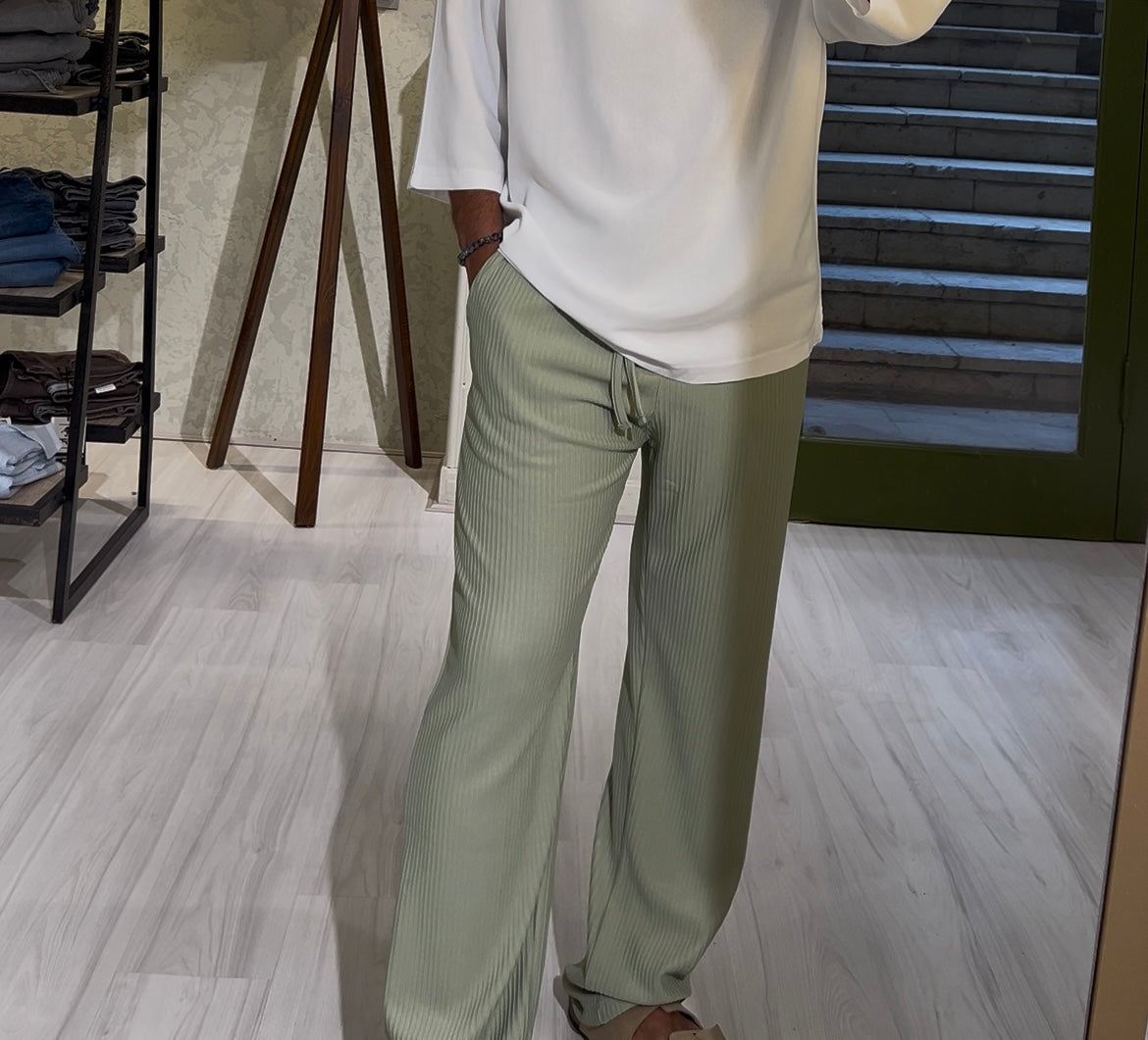 Men's Sage Green Casual Stripes Trousers