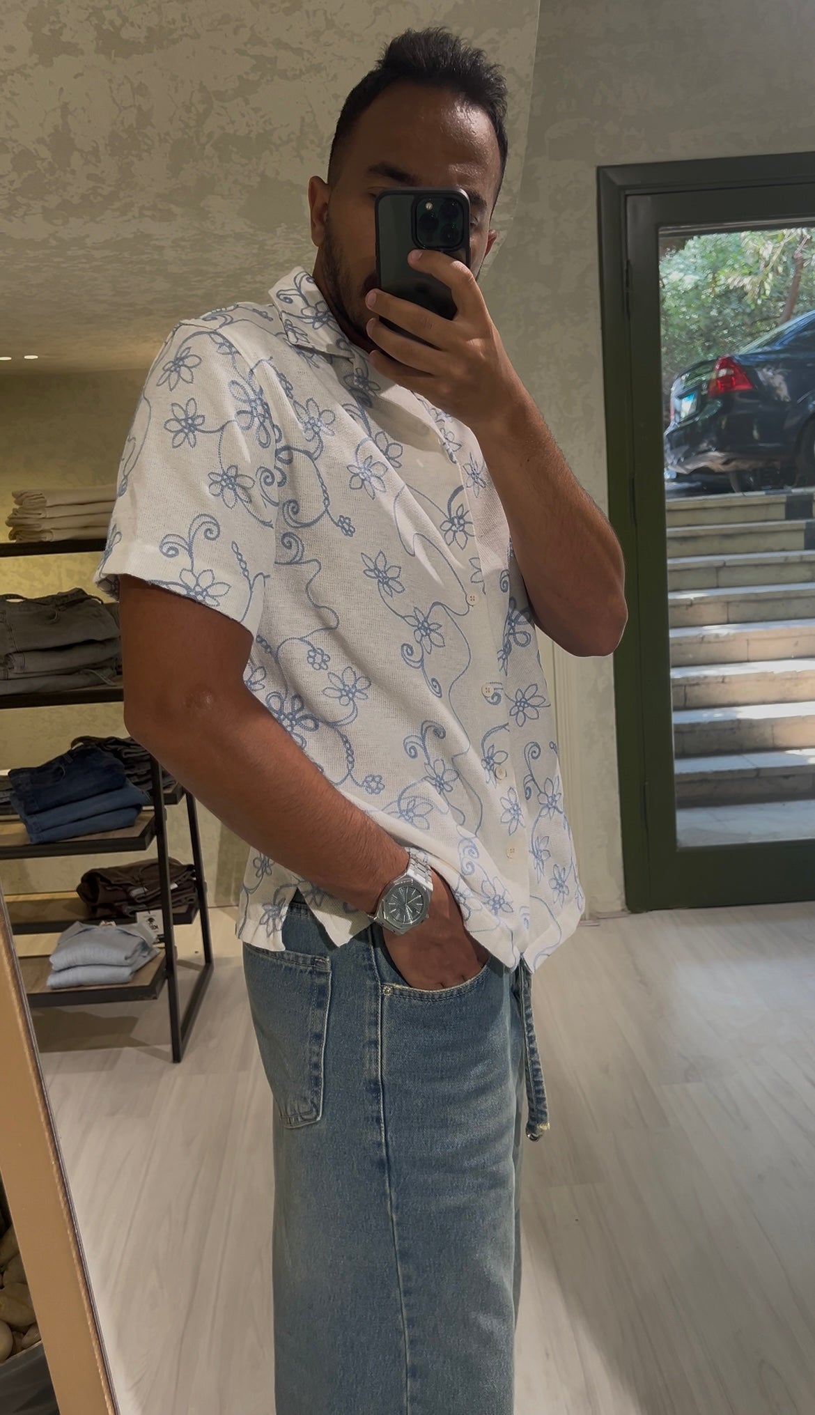 Men's Babyblue Half Sleeve Printed V Neck Collar Shirt