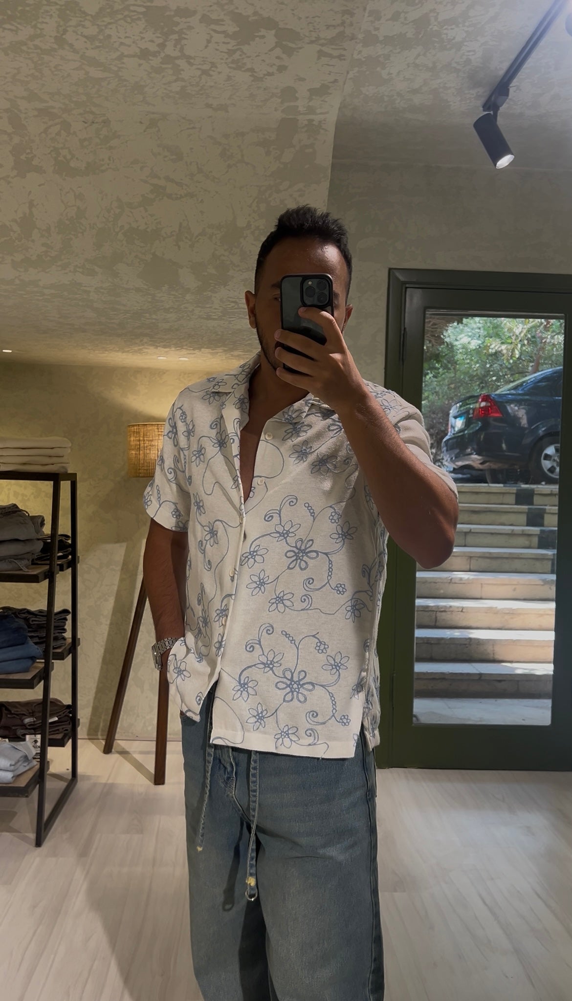 Men's Babyblue Half Sleeve Printed V Neck Collar Shirt