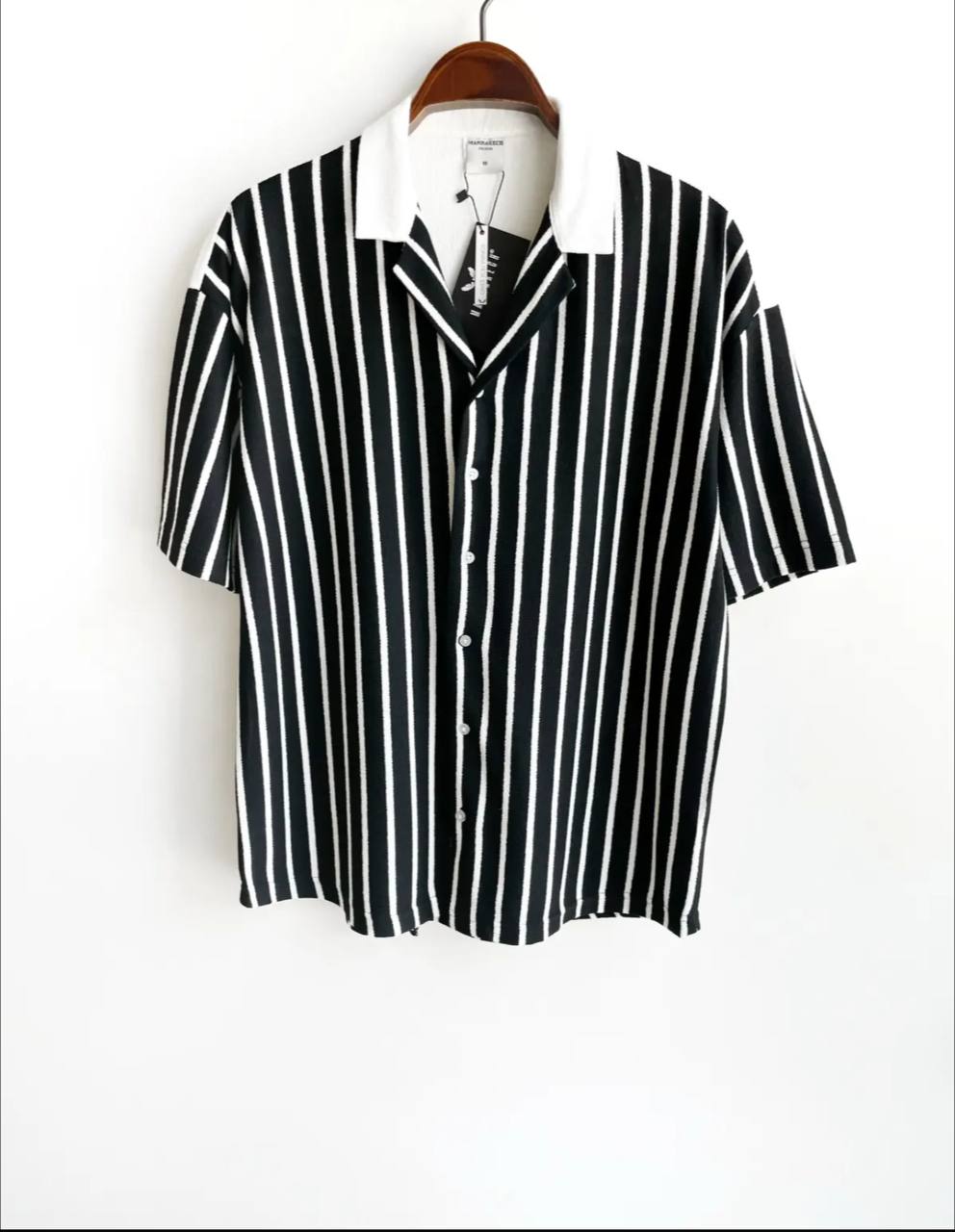 Men's Black Striped V Neck Apache Collar Shirt