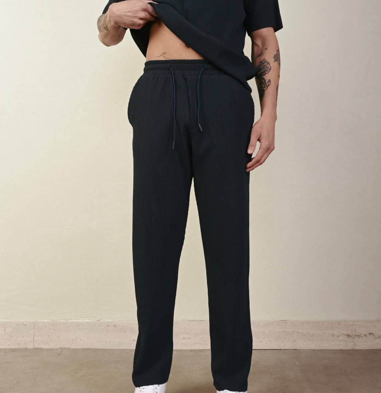 Men's Petrol Blue Casual Stripes Trousers