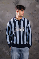 Men's “Drift” Striped Knit Polo Sweater – Navy Blue & Sky Blue