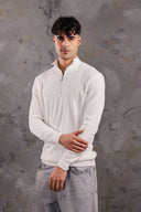 Men's White Quarter-Zip Ribbed Knit Sweater