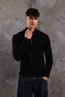 Men's Black Quarter-Zip Ribbed Knit Sweater