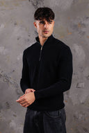 Men's Black Quarter-Zip Ribbed Knit Sweater
