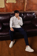 Men's White Quarter-Zip Ribbed Knit Sweater
