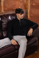 Men's Black Quarter-Zip Ribbed Knit Sweater