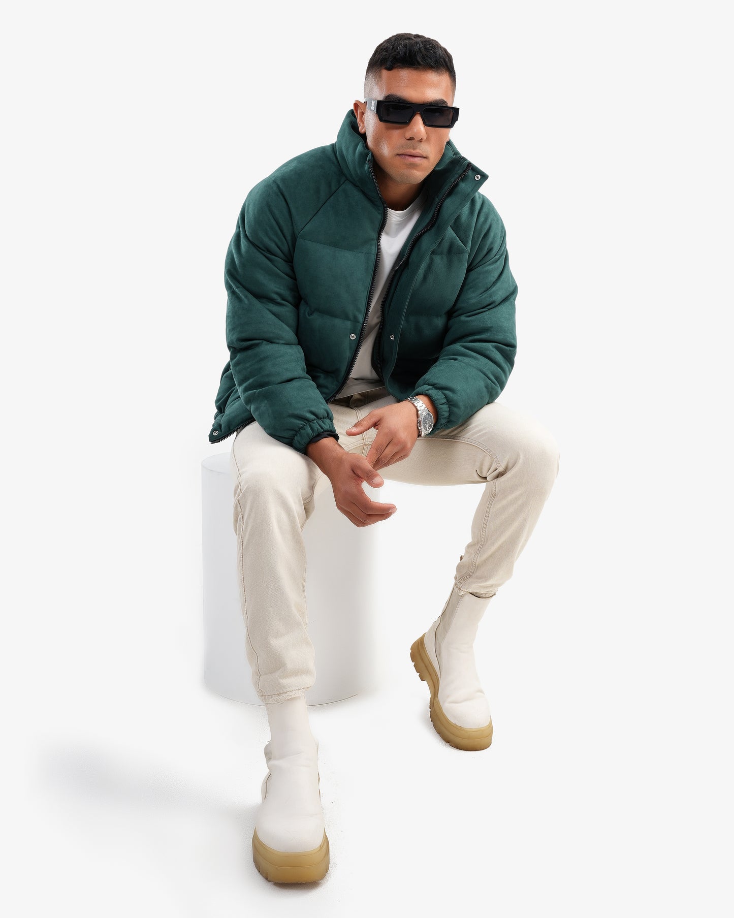 Men's High Collar Puffer Jacket In Green