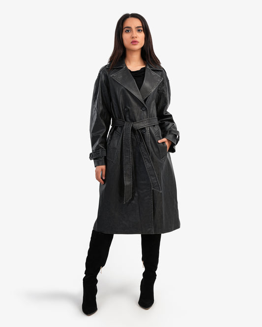 Women's Water Repellent Leather Belted Trench Coat In Black