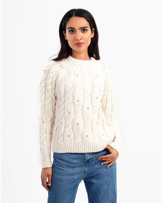 Women's Braided Knitted Sweater In Off White