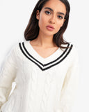 Women's Braided V Neck Pullover In White