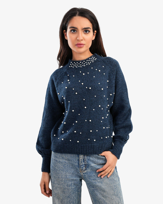 Women's Knitted Sweater With Pearls In Navy