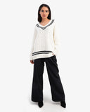 Women's Braided V Neck Pullover In White
