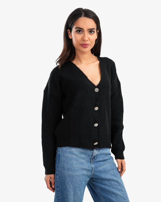 Women's Knitted V Neck Cardigan In Black