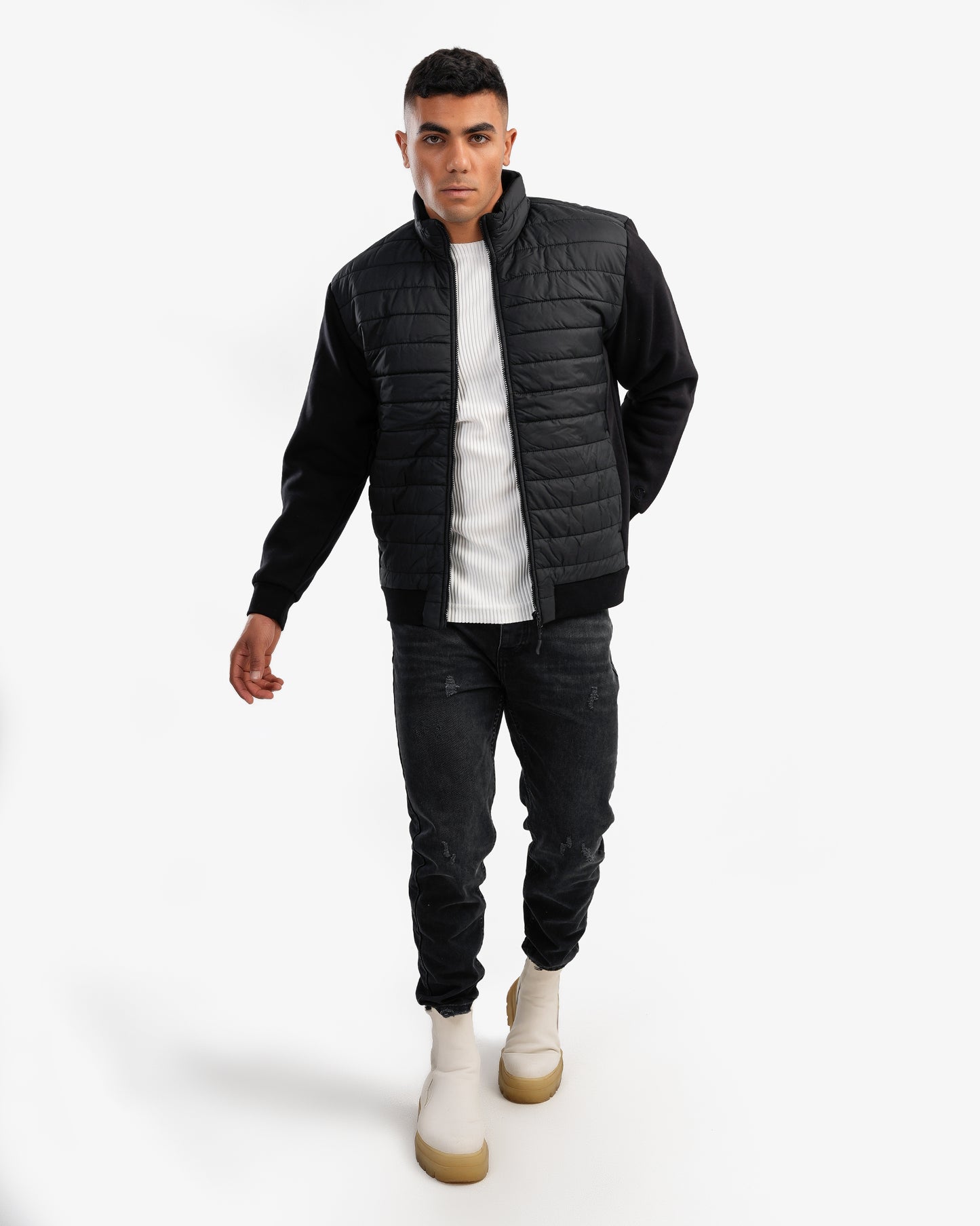 Men’s Waterproof Puffer Jacket With Fabric Sleeves In Black