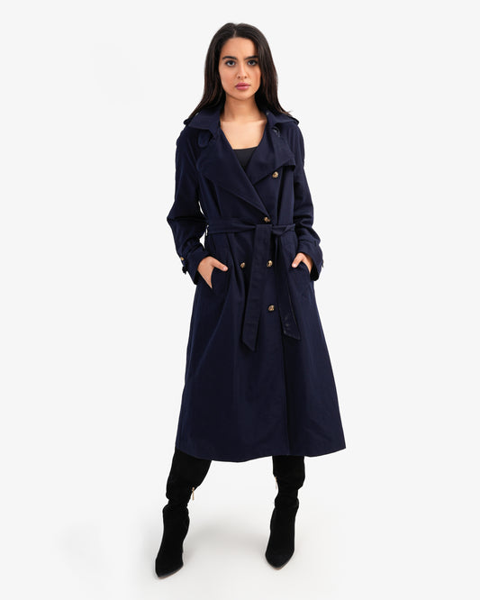 Women's Trench Coat With Gold Toned Buttons In Dark Blue