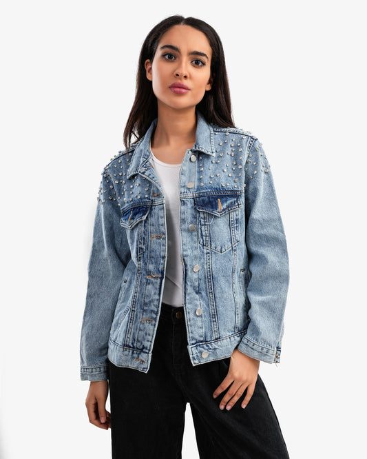 Women's Blue Denim Jacket With Stones