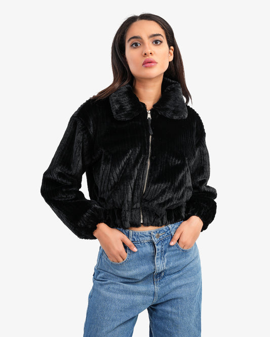 Women's Plain Fluffy Jacket In Black