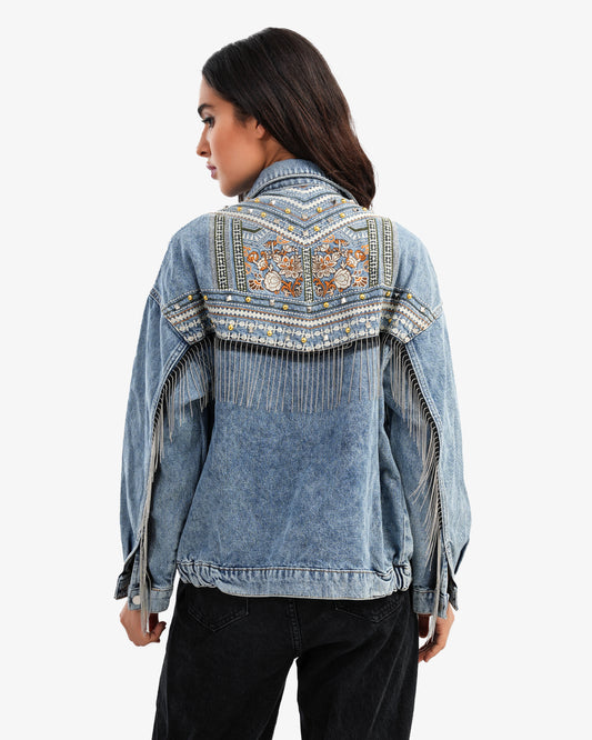 Women's Blue Denim Jacket With Back Pattern