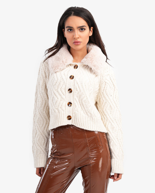 Women's Cable Knit Teddy Collar With Fur Cardigan In Beige